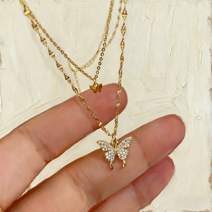 Elegante Schmetterlings-Strass-Halskette, doppellagige Kette für Damen