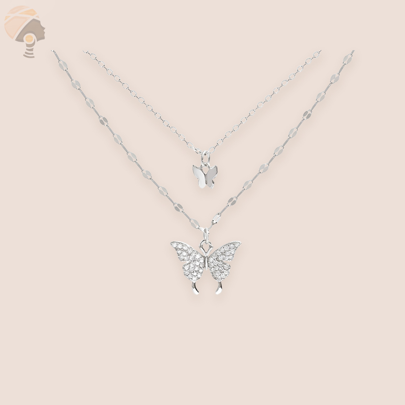 Elegante Schmetterlings-Strass-Halskette, doppellagige Kette für Damen