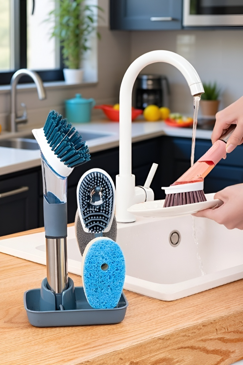 Dispensador automático de líquido en cepillo de cocina