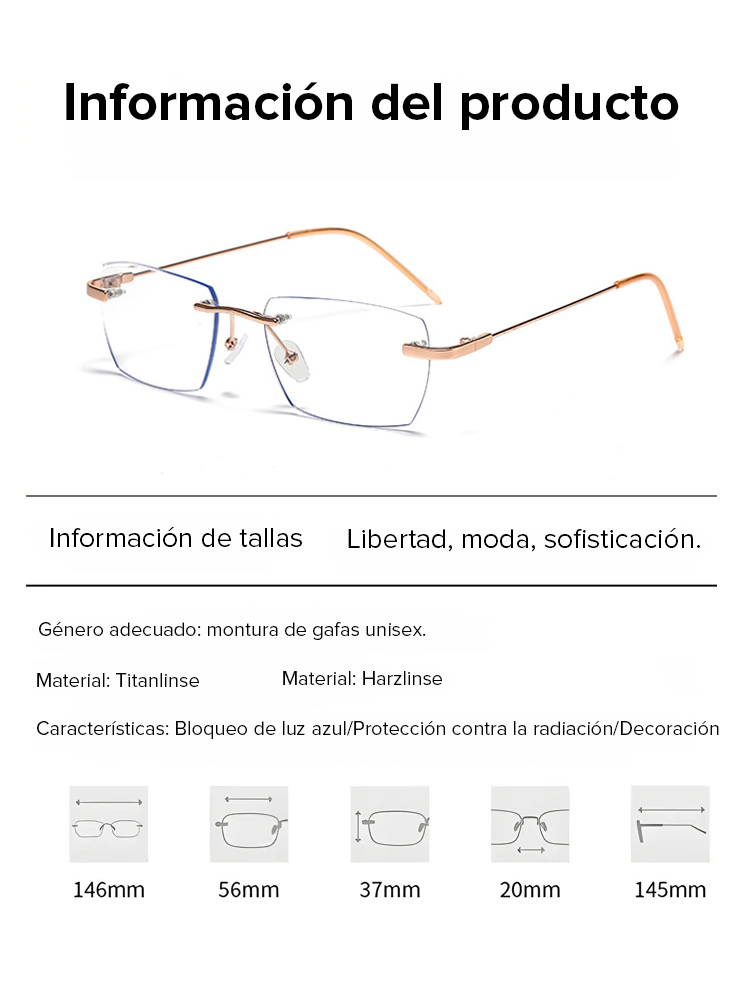 Gafas de lectura sin marco con zoom automático de 100 a 700 grados y propiedades fotocromáticas.