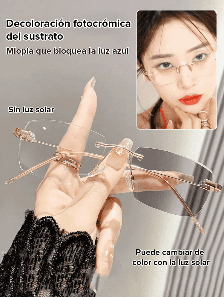 Gafas de lectura sin marco con zoom automático de 100 a 700 grados y propiedades fotocromáticas.