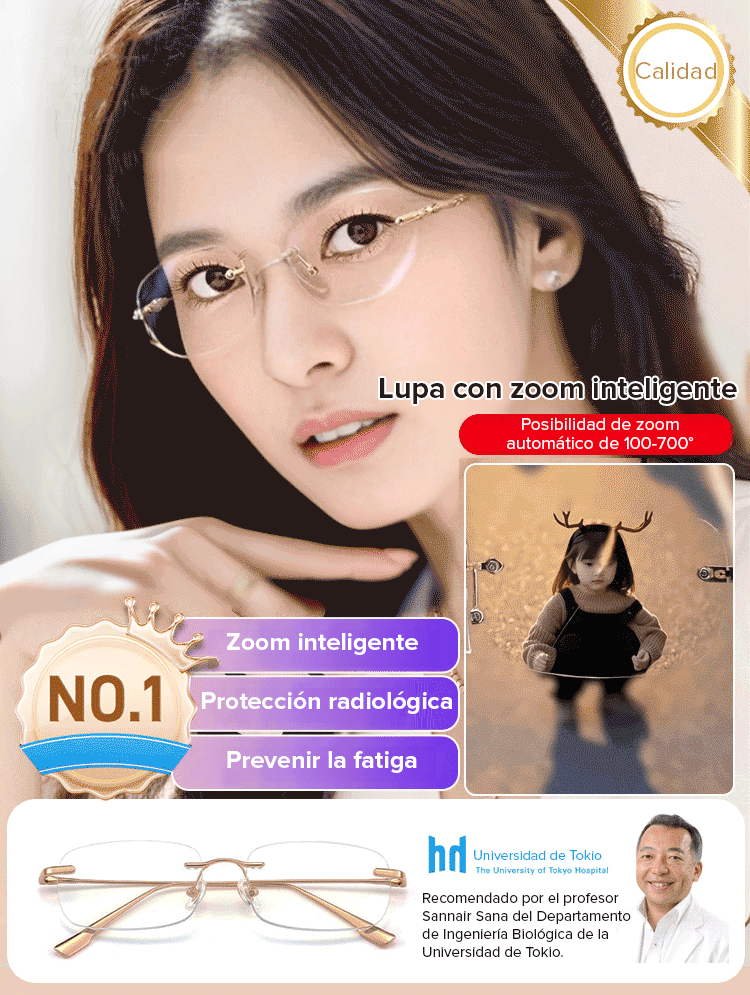 Gafas de lectura sin marco con zoom automático de 100 a 700 grados y propiedades fotocromáticas.