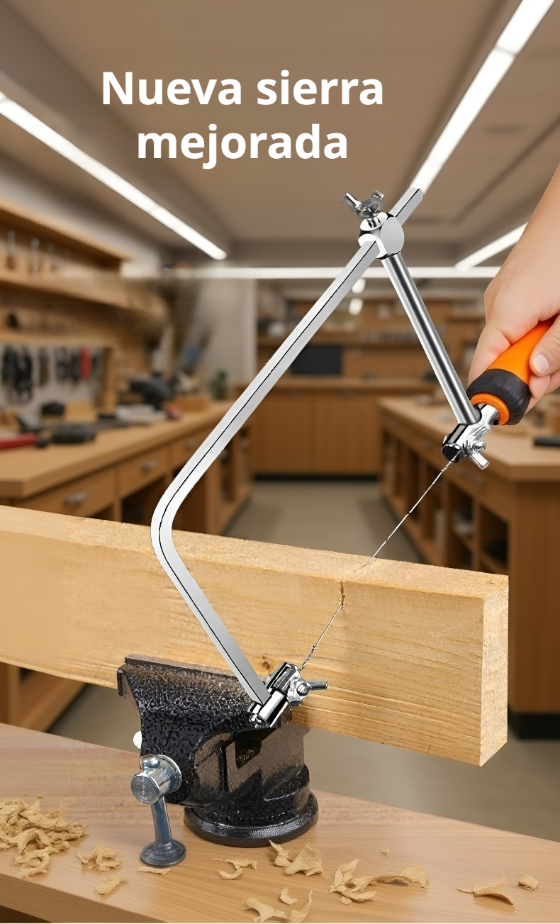 Sierra de alambre en forma de U para carpintería sobre mesa de trabajo