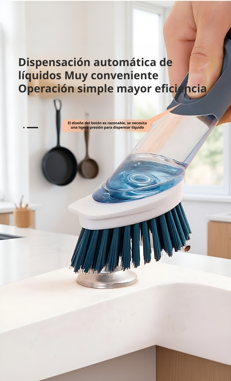 Cepillo de cocina con mango largo y dosificador de jabón