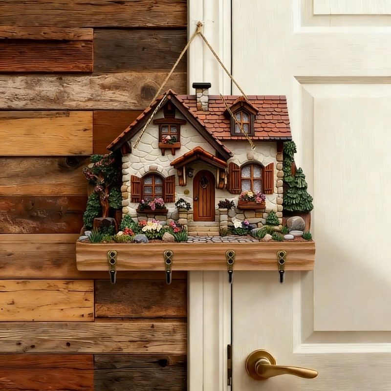 🐮 Rustic Highland Cow Wooden Family Key Holder Hanging Ornament with 4 Hooks