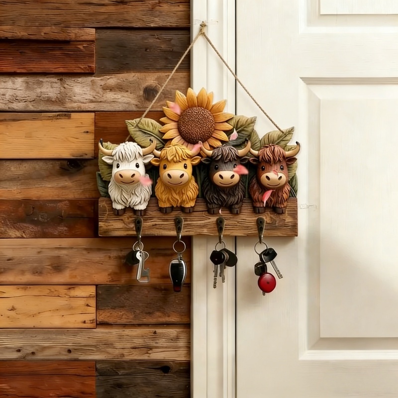 🐮 Rustic Highland Cow Wooden Family Key Holder Hanging Ornament with 4 Hooks