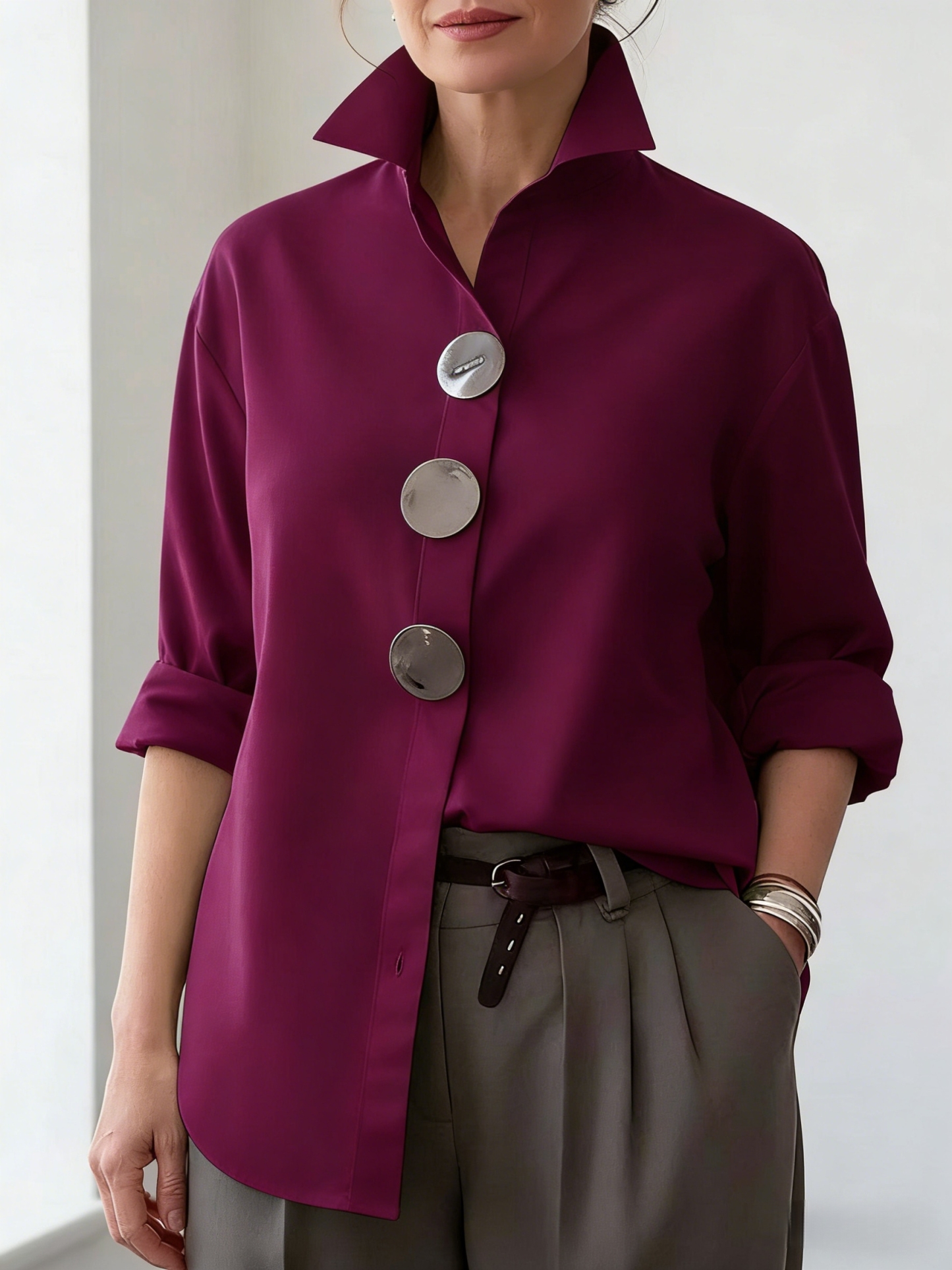 Plain Shirt Collar Metal Button Commuting Going Out Casual Shirt