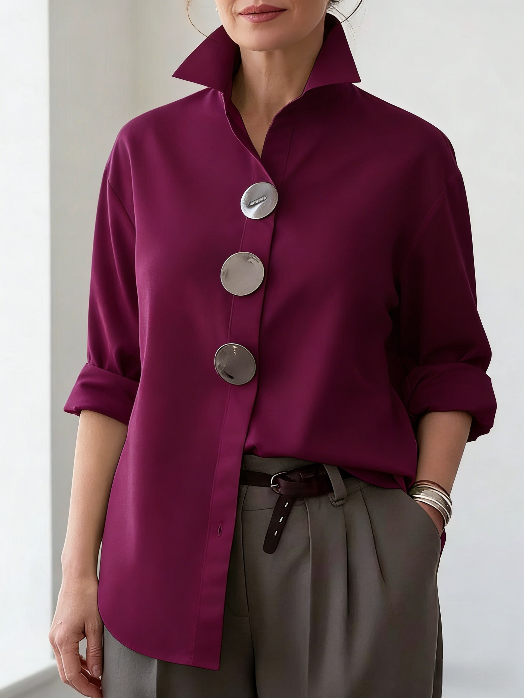 Plain Shirt Collar Metal Button Commuting Going Out Casual Shirt