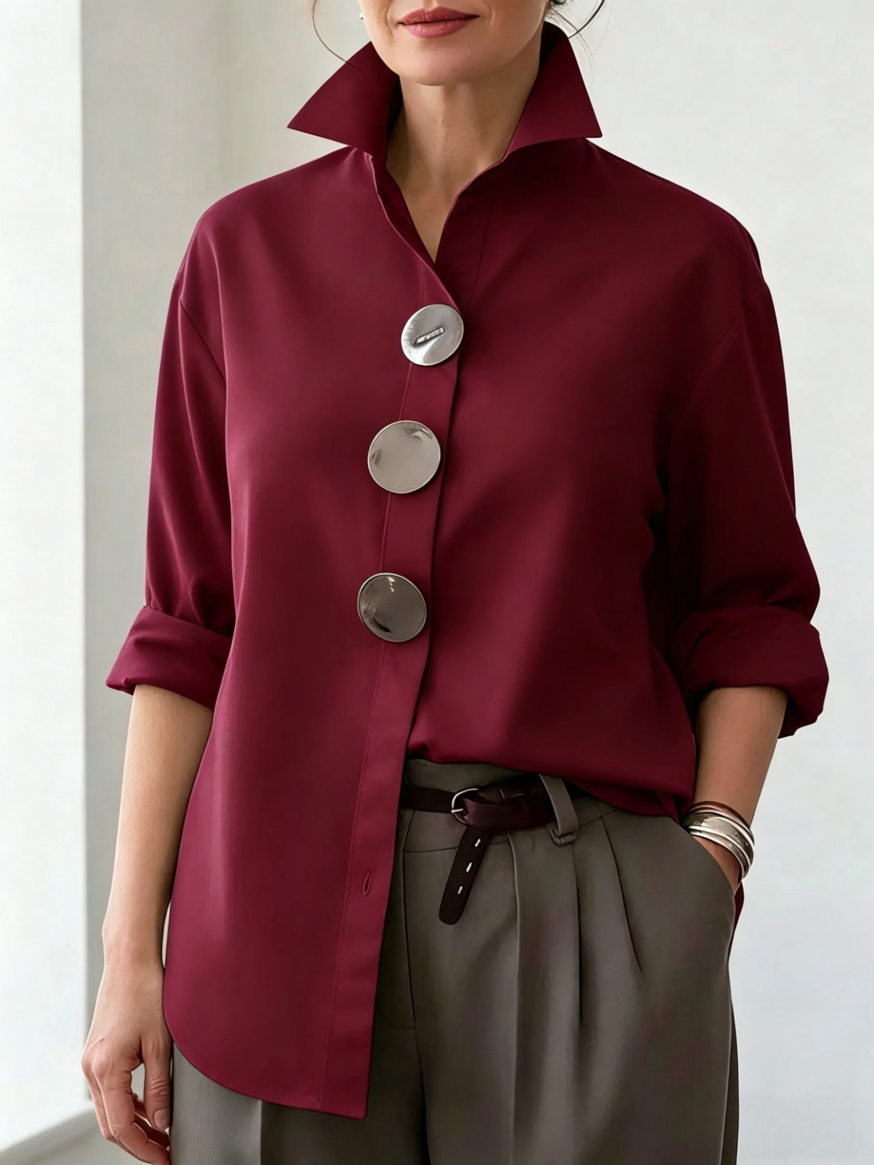 Plain Shirt Collar Metal Button Commuting Going Out Casual Shirt