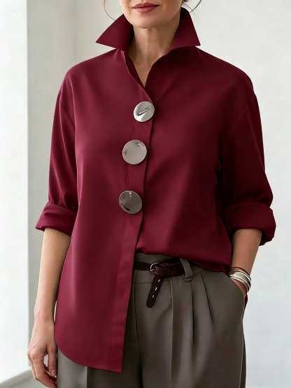 Plain Shirt Collar Metal Button Commuting Going Out Casual Shirt