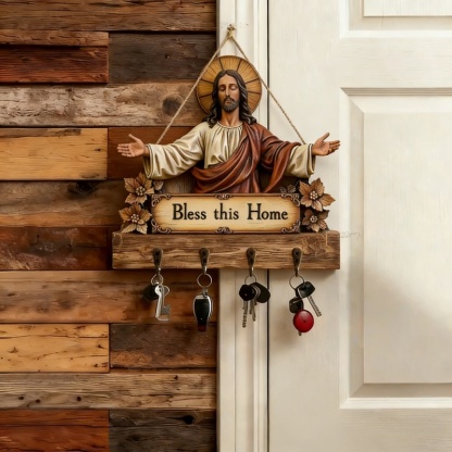 🐮 Rustic Highland Cow Wooden Family Key Holder Hanging Ornament with 4 Hooks