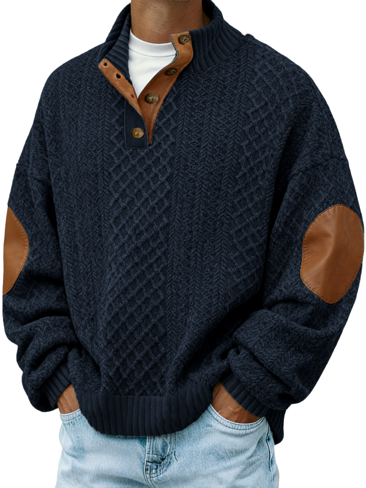 Men's Jacquard Knitted Outdoor Casual Stand Collar Long Sleeve Pullove