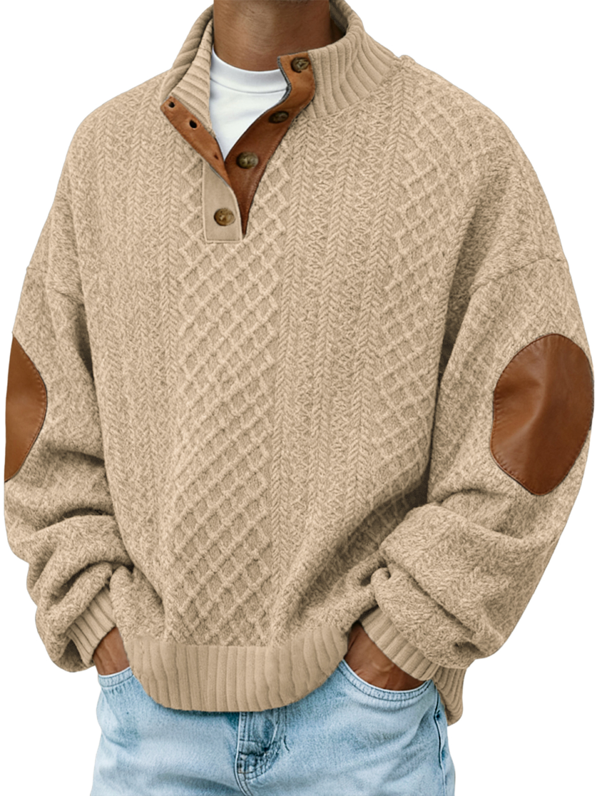 Men's Jacquard Knitted Outdoor Casual Stand Collar Long Sleeve Pullover