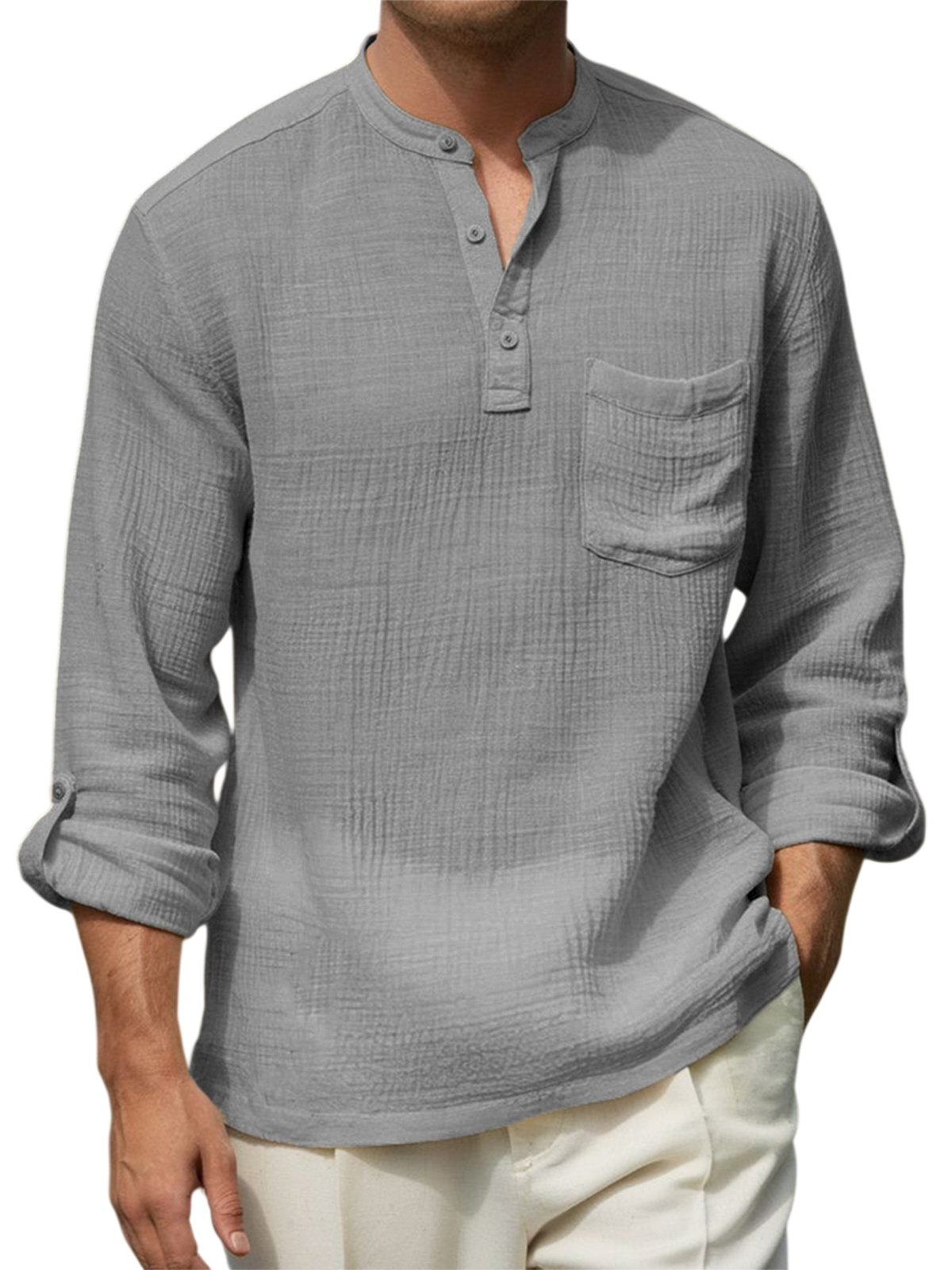 Men's Breathable Cotton-linen Wrinkled Henley Shirt with Pockets