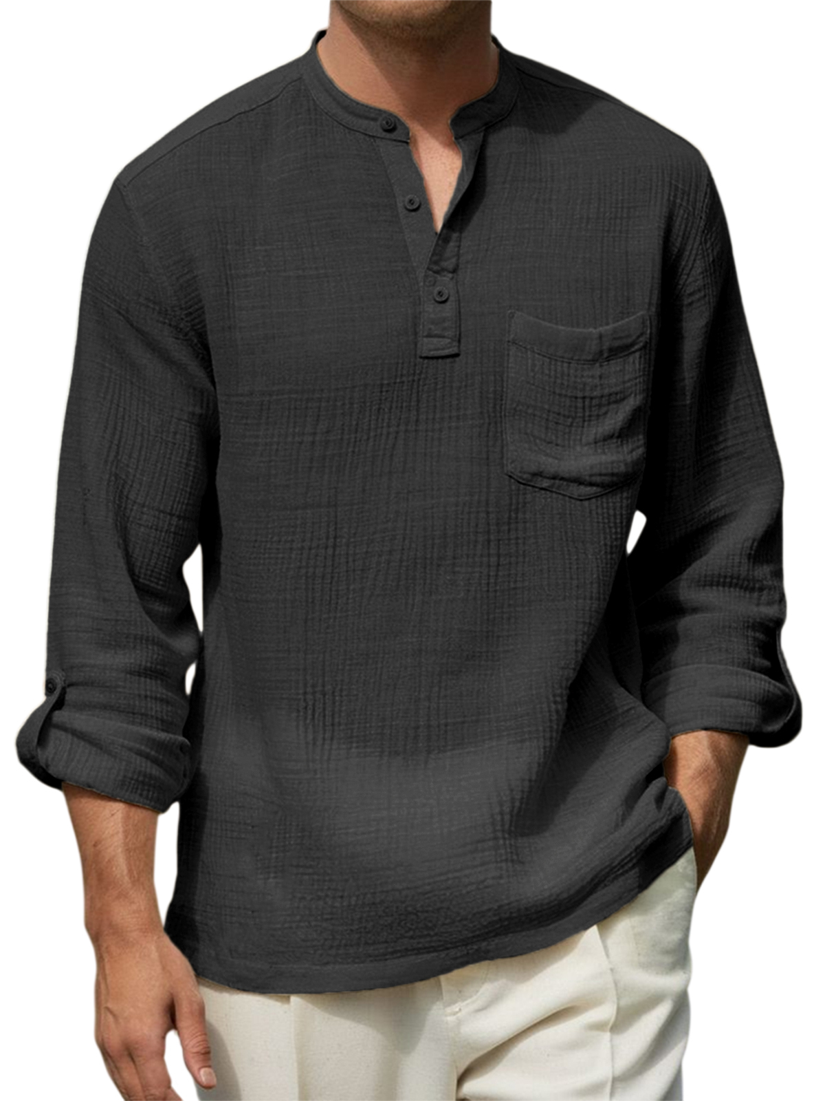 Men's Breathable Cotton-linen Wrinkled Henley Shirt with Pockets