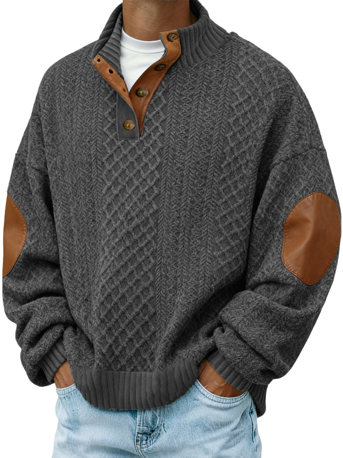 Men's Jacquard Knitted Outdoor Casual Stand Collar Long Sleeve Pullover