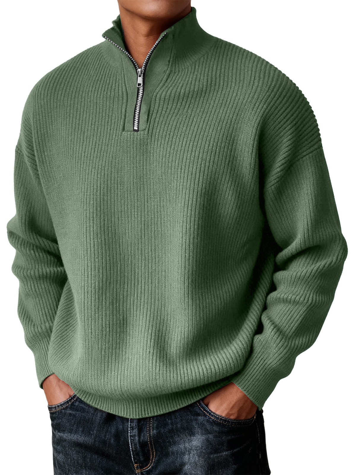 Men's Simple Zipper Turtleneck Casual Knitted Sweater Christmas and New Year Sweater
