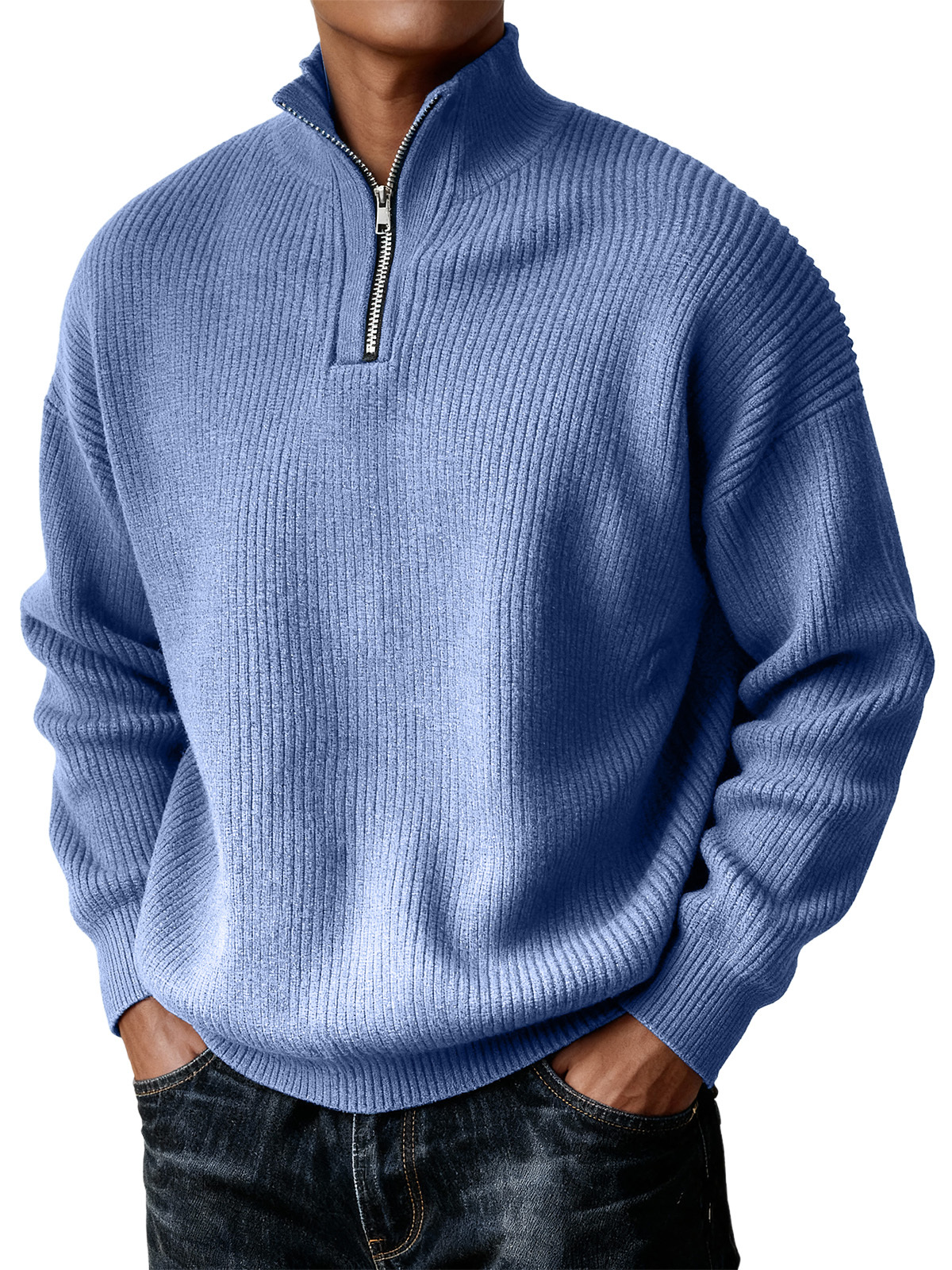 Men's Simple Zipper Turtleneck Casual Knitted Sweater Christmas and Ne