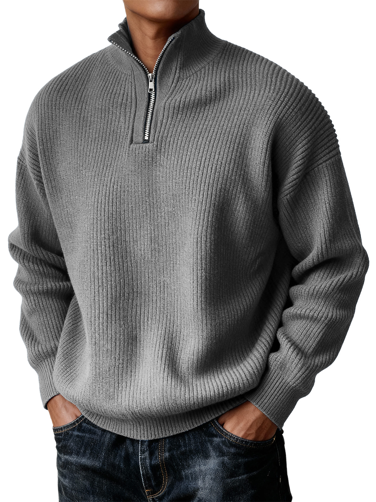 Men's Simple Zipper Turtleneck Casual Knitted Sweater Christmas and New Year Sweater