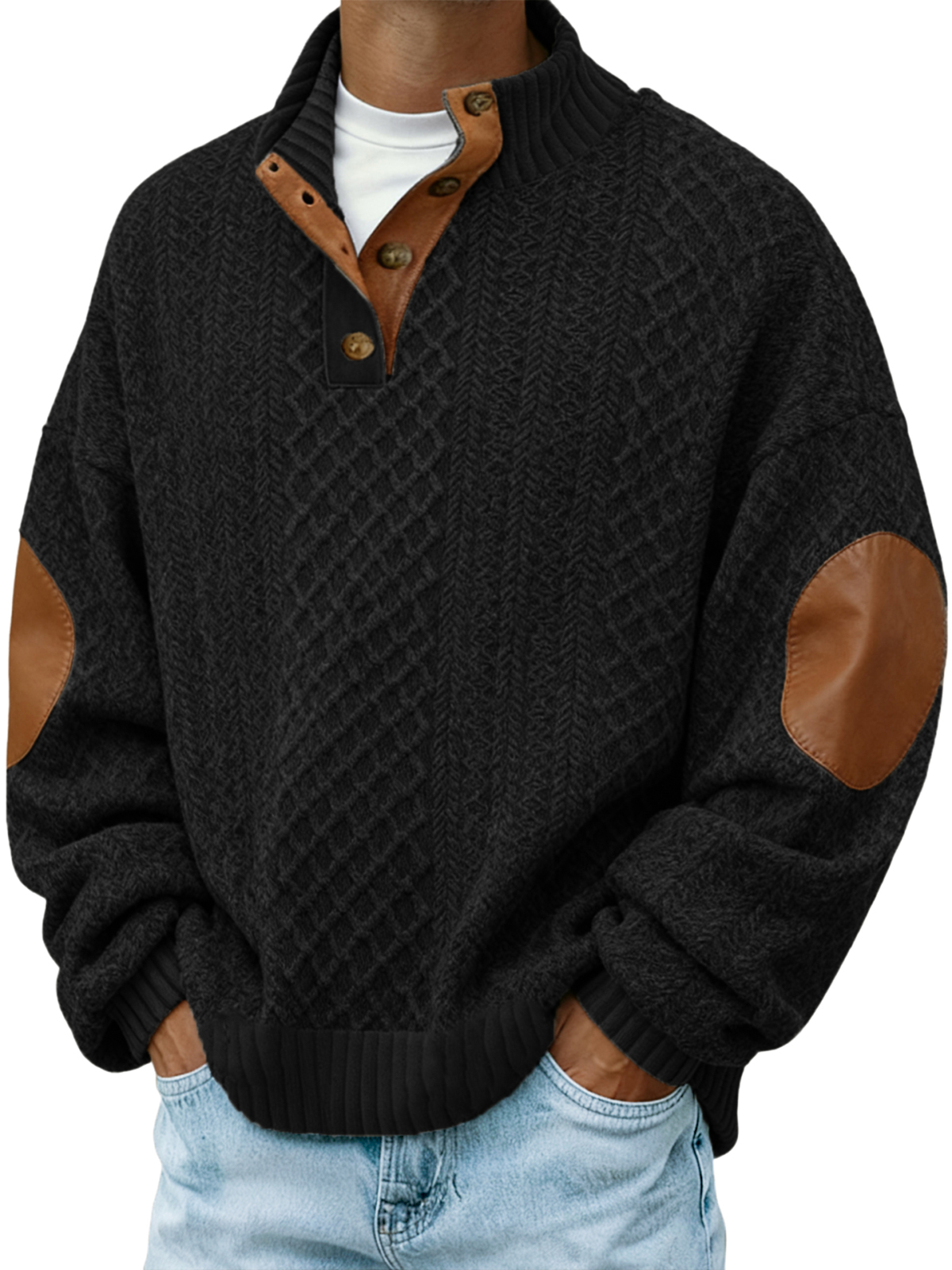 Men's Jacquard Knitted Outdoor Casual Stand Collar Long Sleeve Pullover