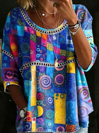 Women's Vintage Ethnic Casual Loose Denim Blouse Shirt