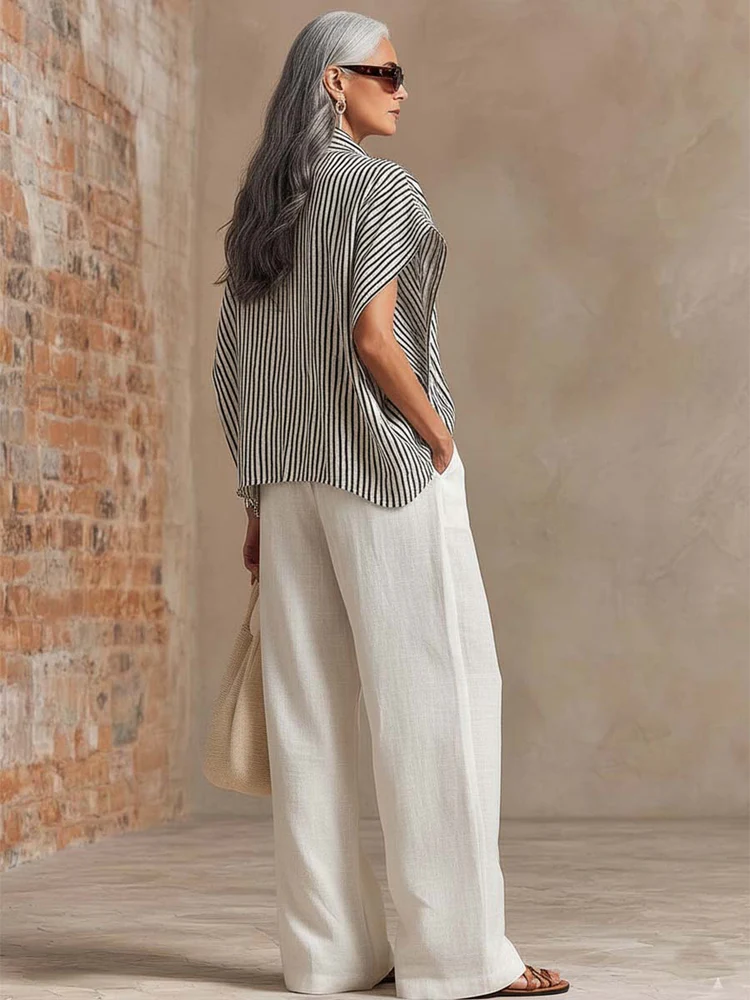 Artistic Cut Striped Top And Wide-leg Pants Linen Two-piece Set