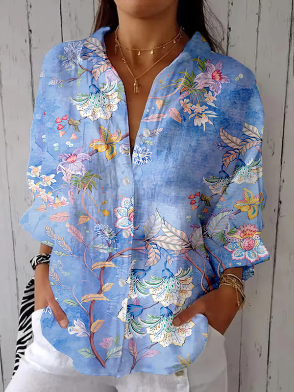Women's Casual Half-Sleeve Shirt with Botanical Floral Print