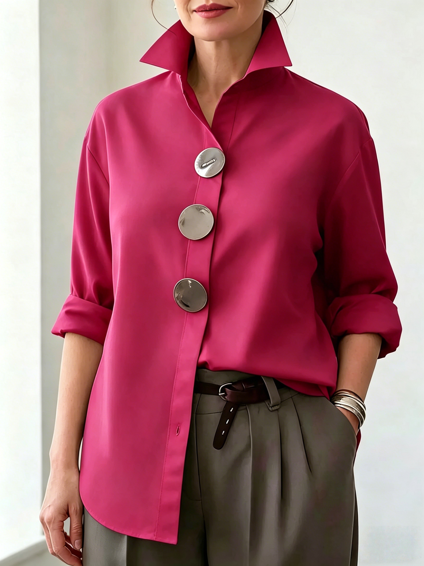 Plain Shirt Collar Metal Button Commuting Going Out Casual Shirt