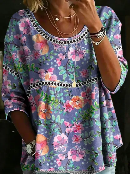 Women's Vintage Flower Casual Loose Denim Blouse Shirt
