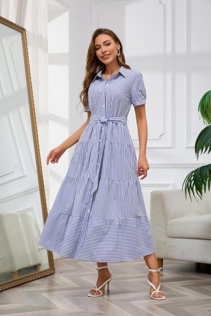 Womens Casual Short Sleeve Button Down Tie Waist Ruffled Striped Maxi Shirt Dress(Buy 2 Free Shipping)