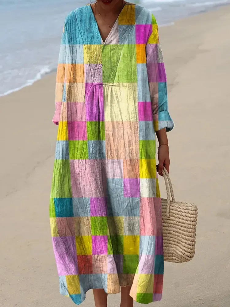 Women's Vintage Geometric Pattern Art Print Cotton Dress
