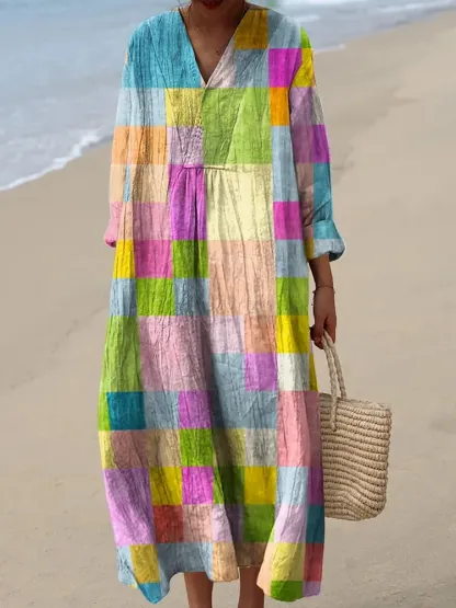 Women's Vintage Geometric Pattern Art Print Cotton Dress