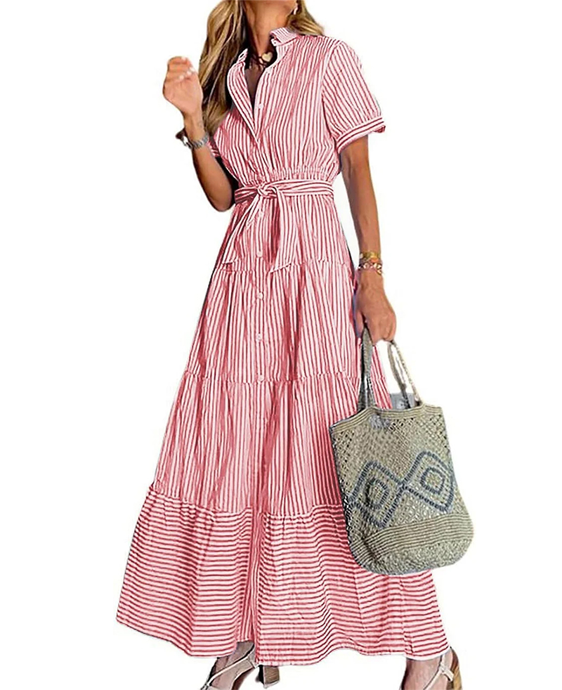 Womens Casual Short Sleeve Button Down Tie Waist Ruffled Striped Maxi Shirt Dress(Buy 2 Free Shipping)