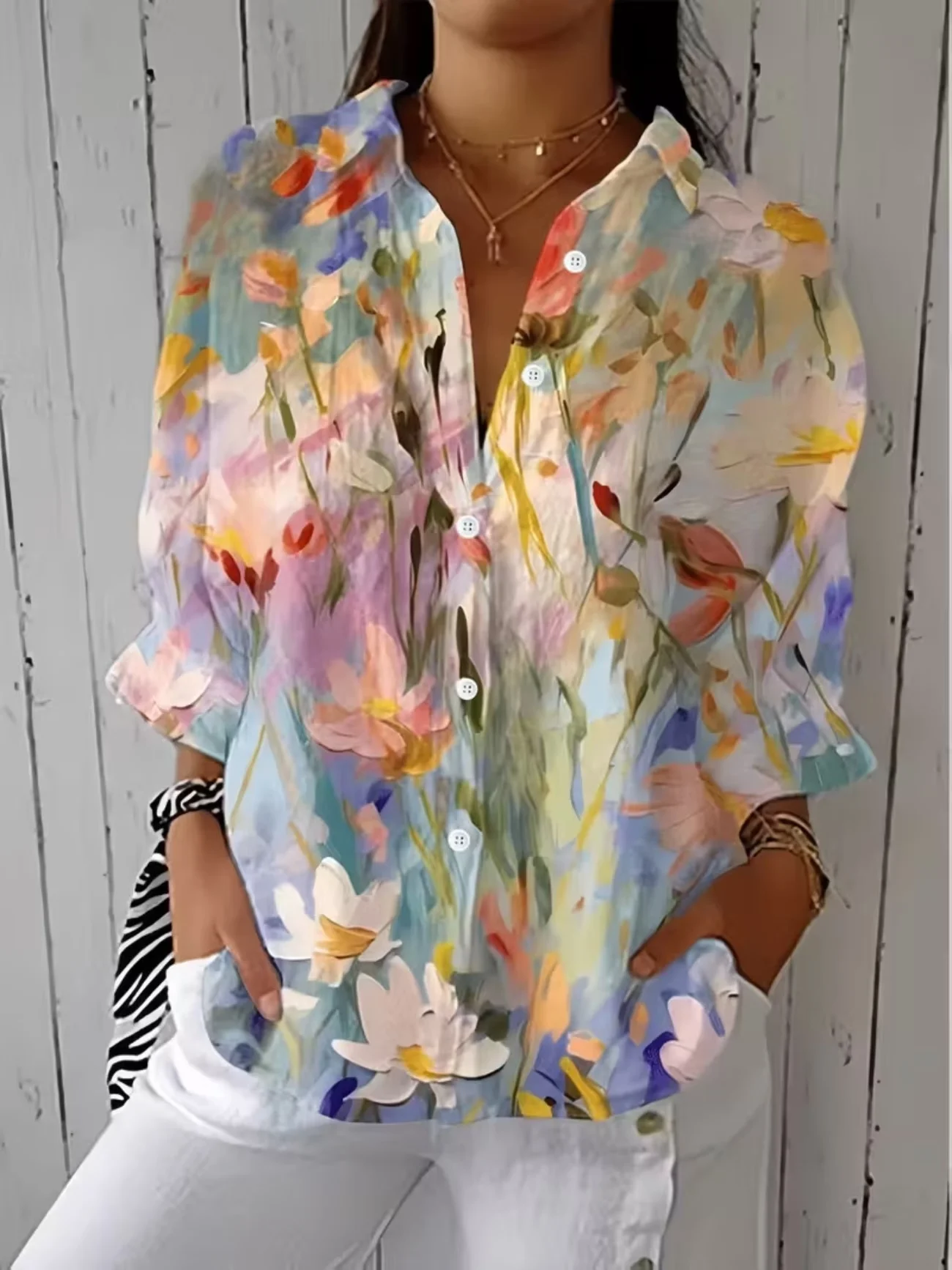 Women's Casual Half-Sleeve Shirt with Botanical Floral Print