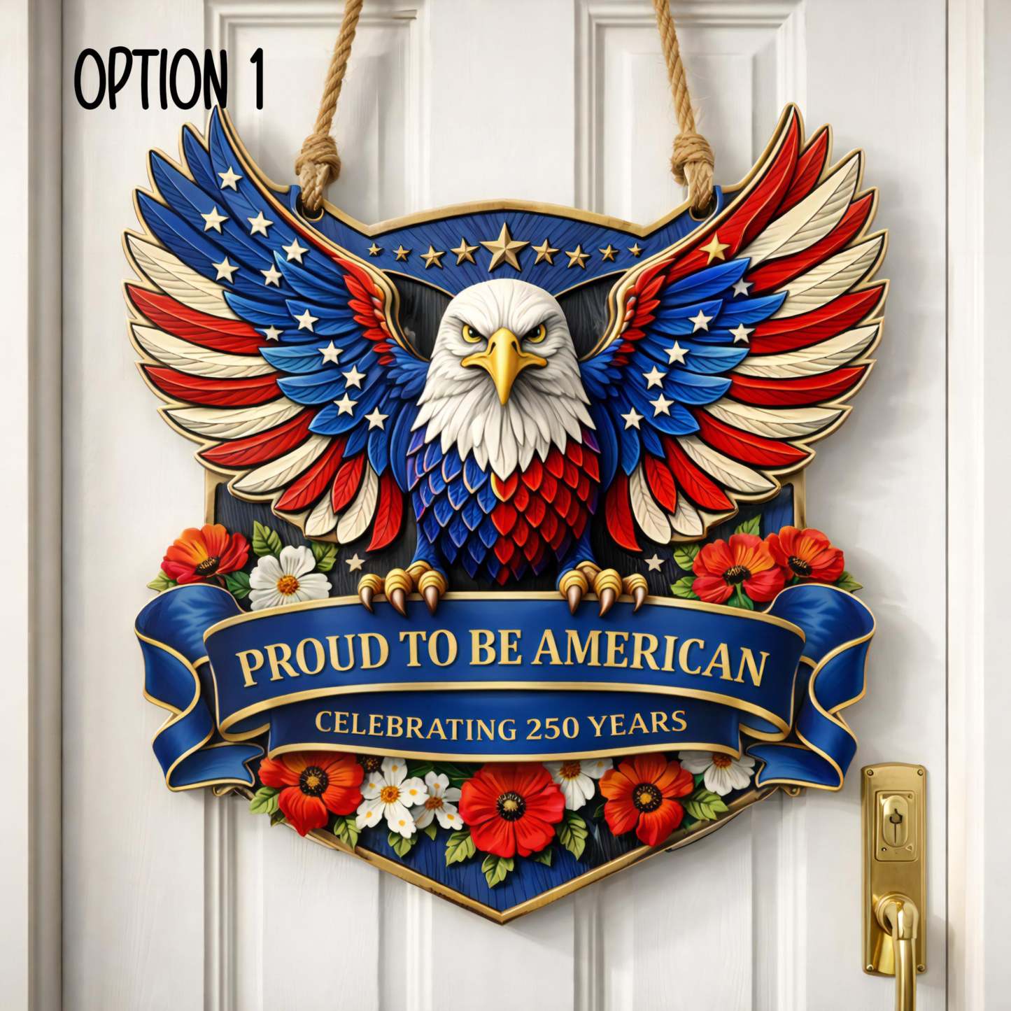 USA 250th Anniversary Wooden Door Sign, 250 Years of Freedom, Patriotic Eagle Door Hanging Decor, American Poppy Flowers Wall Sign