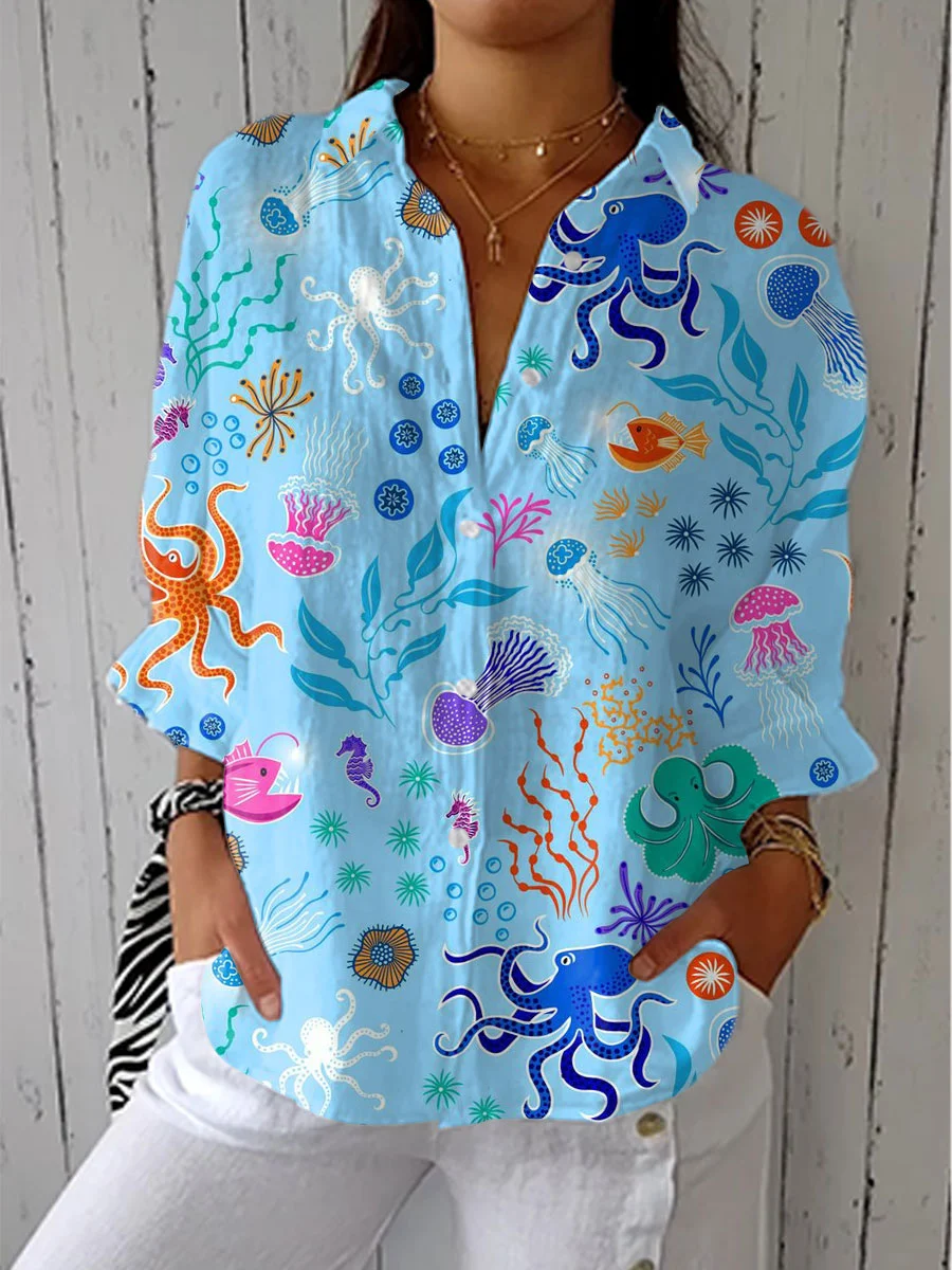 Women's Vintage Abstract Floral Art Print Linen V-Neck Shirt