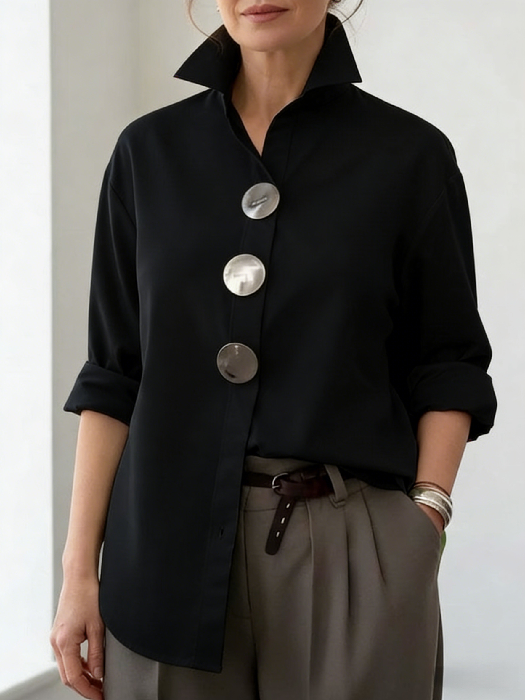 Plain Shirt Collar Metal Button Commuting Going Out Casual Shirt