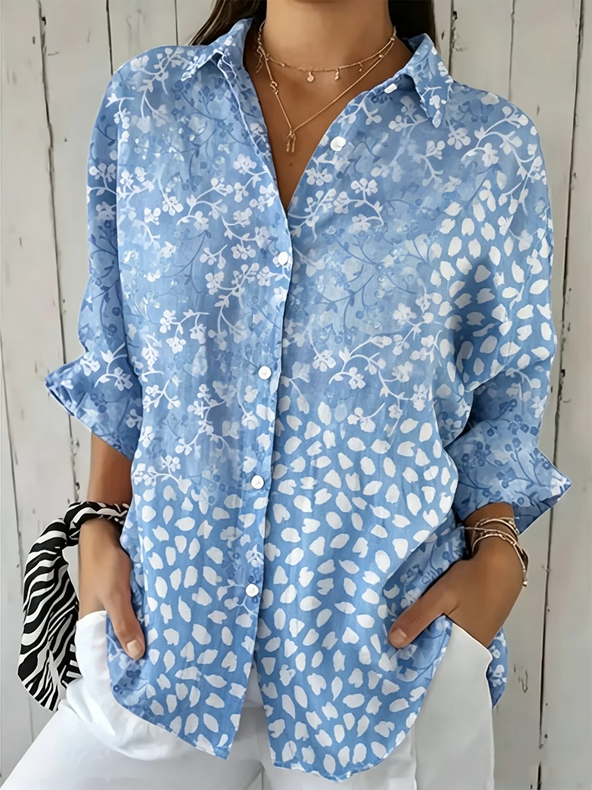 Women's Casual Half-Sleeve Shirt with Botanical Floral Print