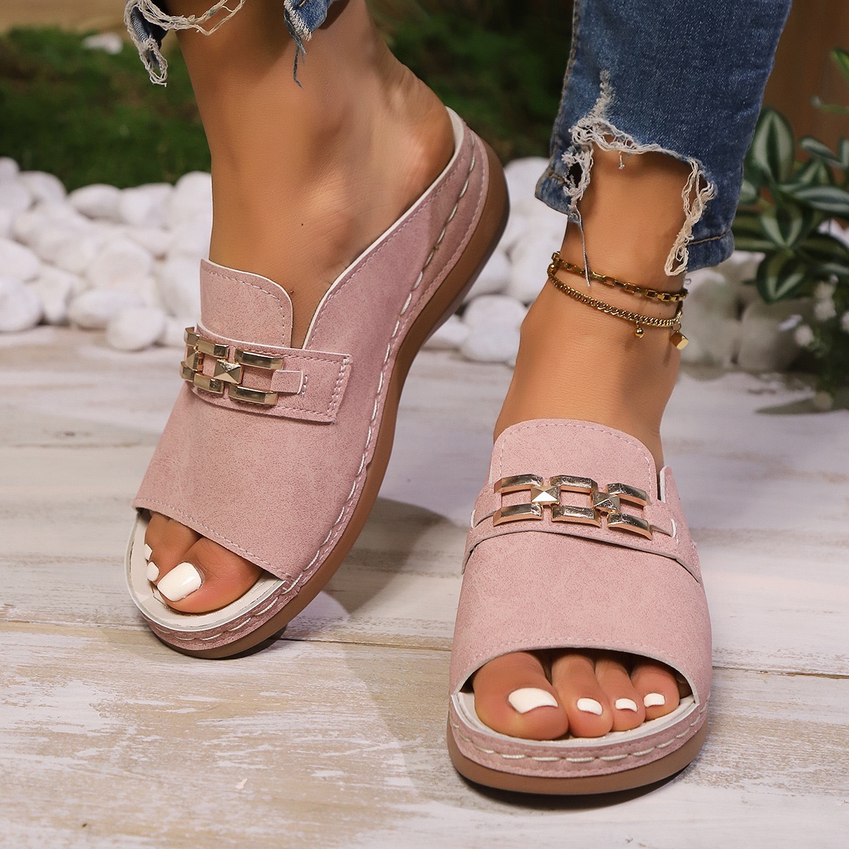 💝Summer Sale⭐Women's chain-embellished wedge sandals, casual open-toe platform shoes, comfortable slip-on sandals