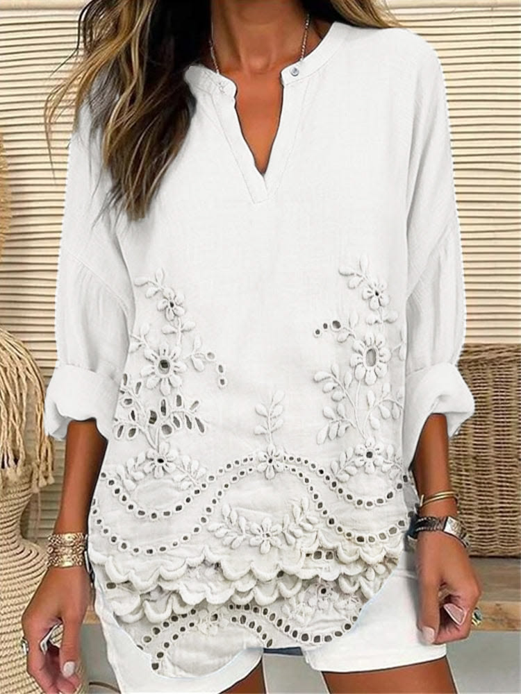 Vintage Floral Lace Embroidered Linen Blend Cozy Shirt