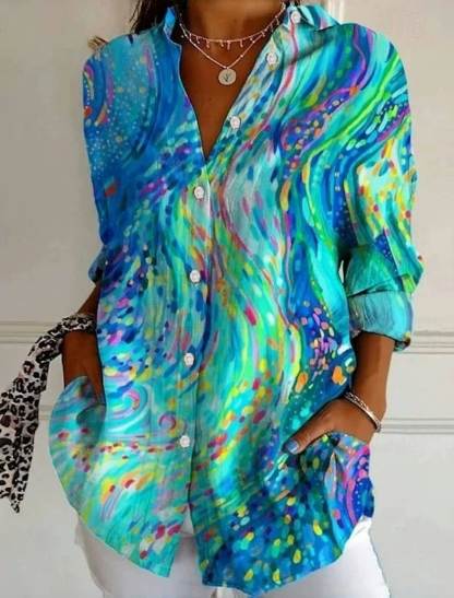 Women's Shirt Linen Like Breathable Lightweight Graphic Geometric Vintage Daily Casual Long Sleeve Shirt Collar Regular Tops Daily Holiday Print