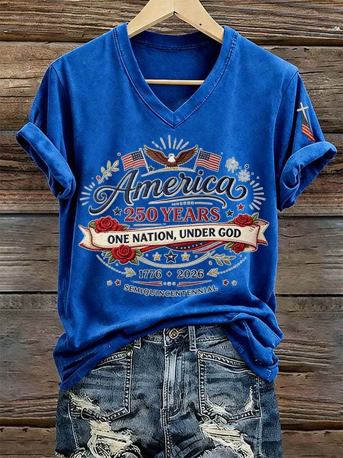 Women's America 250 Years One Nation Under God Print V Neck T-shirt