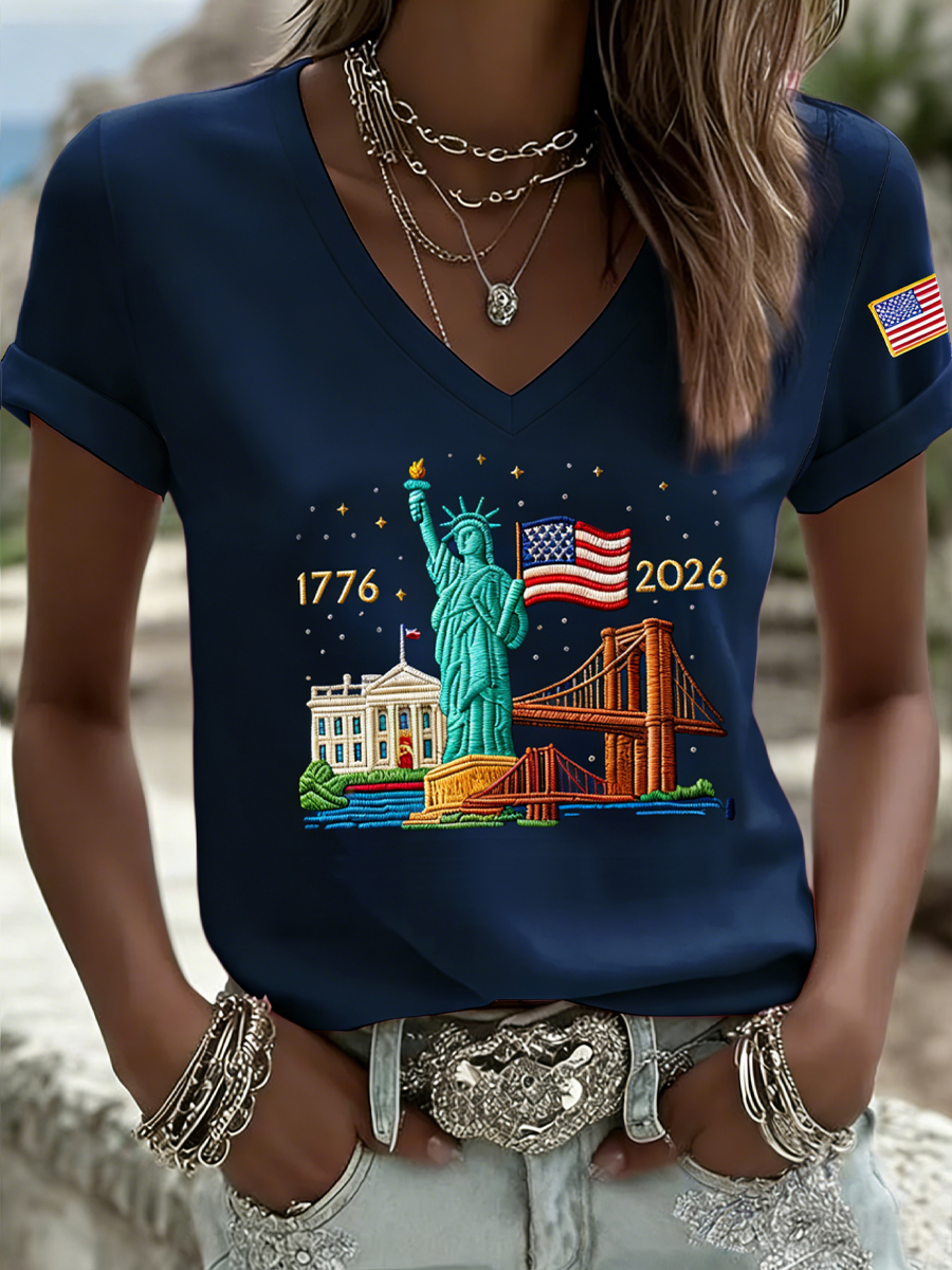 Women's Vintage American Commemorative Casual V-Neck T-Shirt