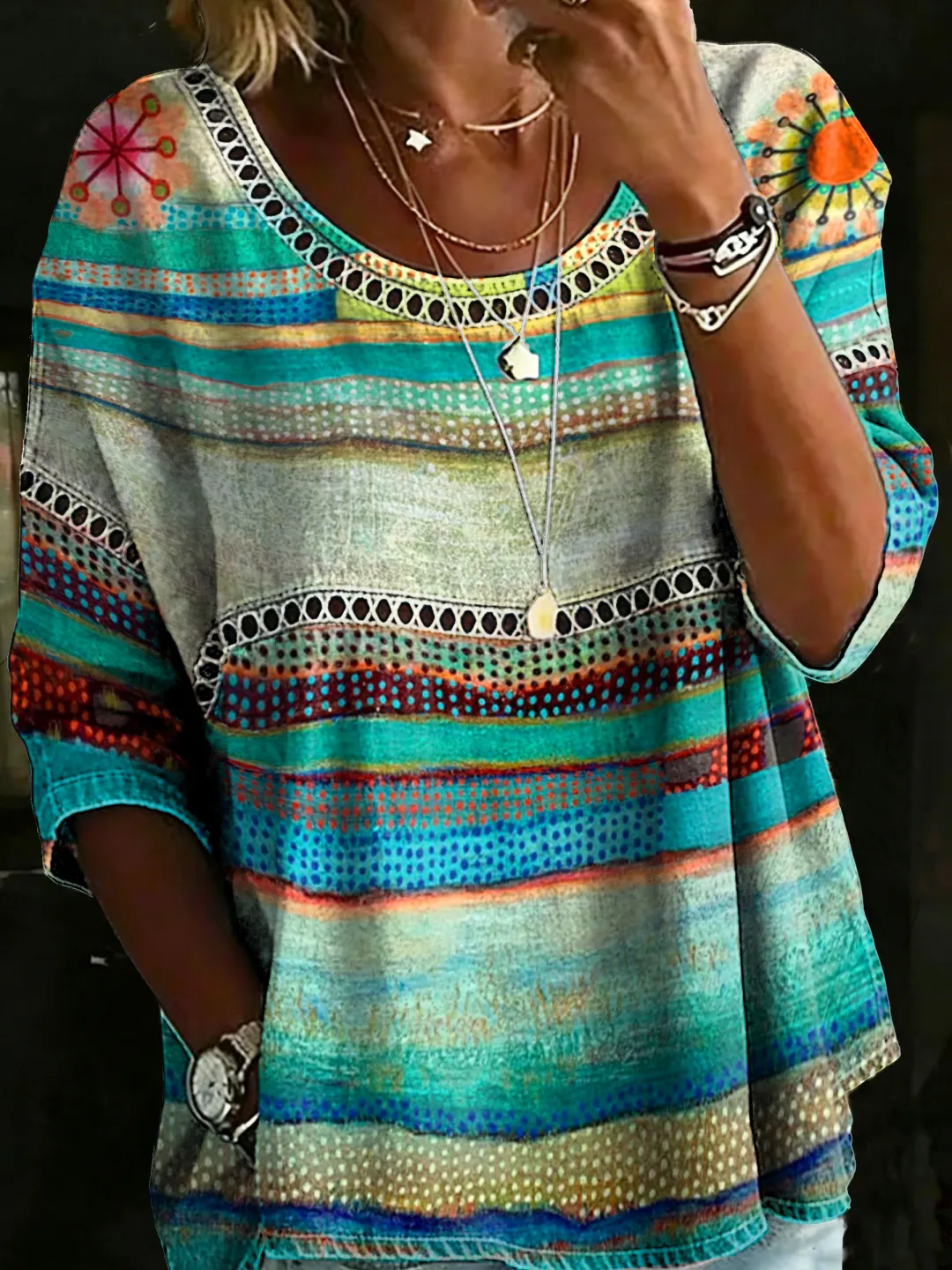 Women's Vintage Flower Casual Loose Denim Blouse Shirt