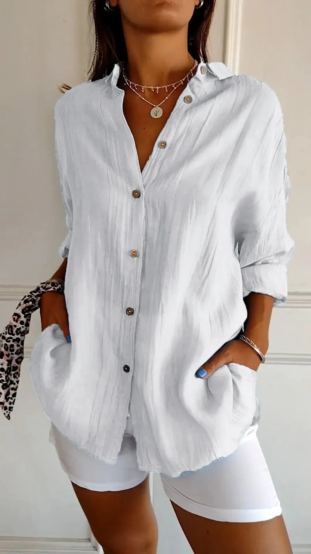 Classic Pleated Textured Single-Breasted Lapel Shirt for Women
