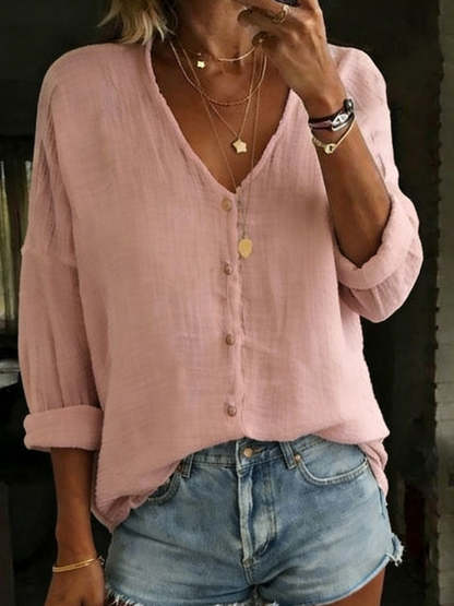Women's Cotton Linen Loose Solid Color Long-sleeved Shirt