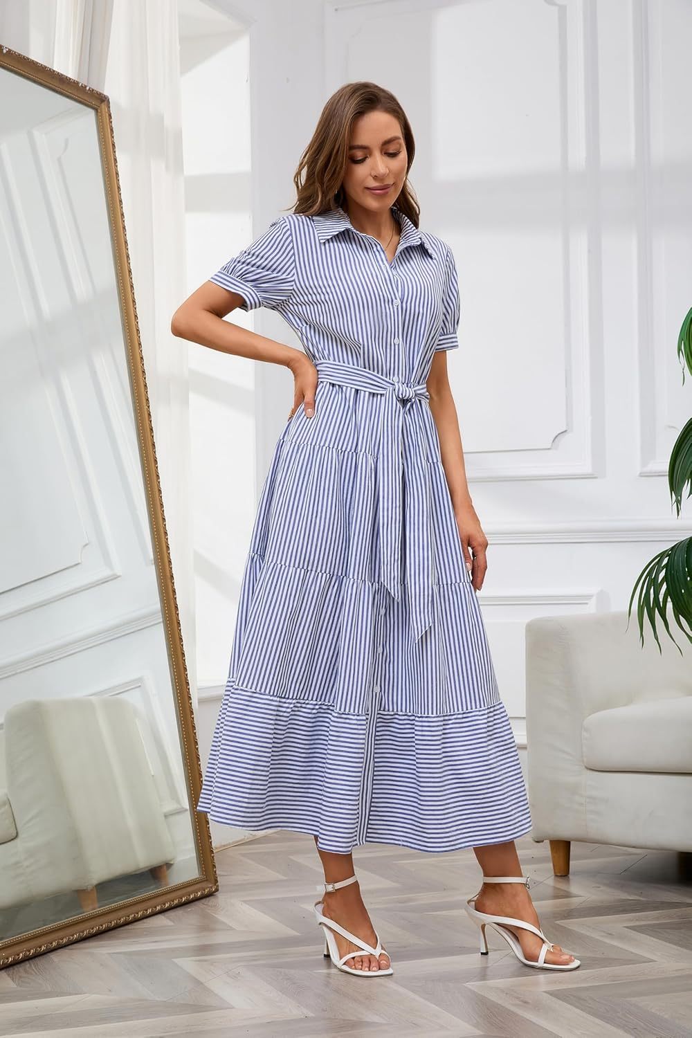 Womens Casual Short Sleeve Button Down Tie Waist Ruffled Striped Maxi Shirt Dress(Buy 2 Free Shipping)
