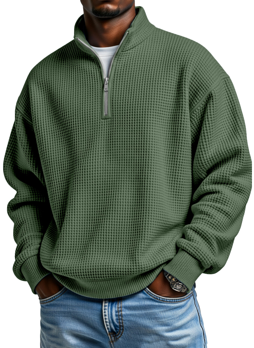 Men's Daily Loose And Simple Waffle Half-zip Stand Collar Long-sleeved