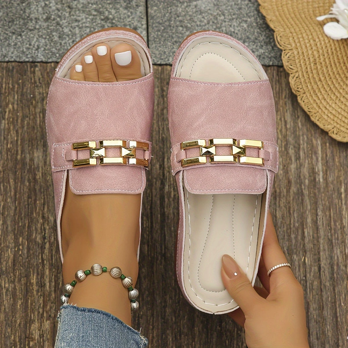 💝Summer Sale⭐Women's chain-embellished wedge sandals, casual open-toe platform shoes, comfortable slip-on sandals