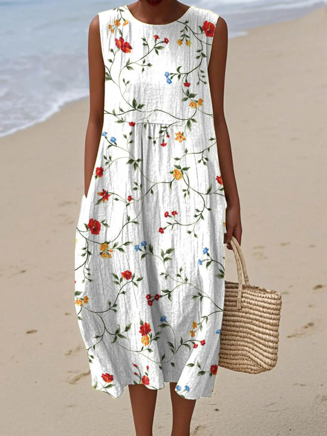 Women's Vintage Floral Pattern Art Print Sleeveless Pocket Wrap Dress